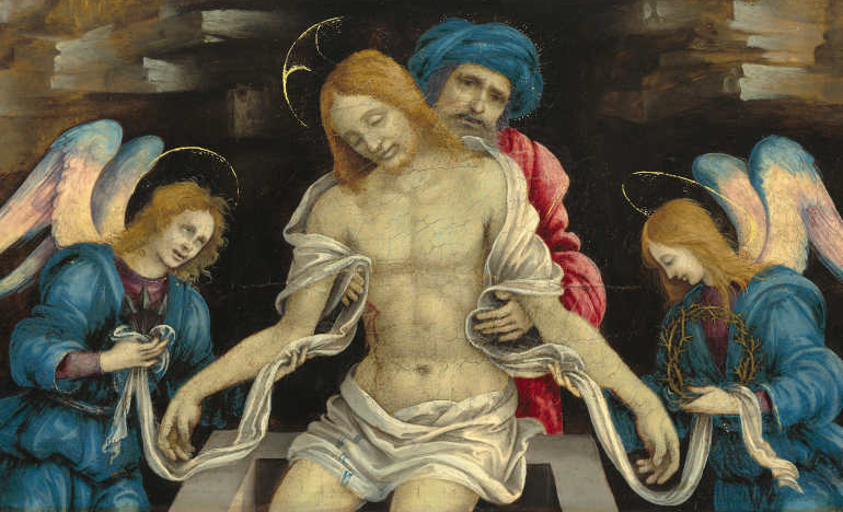 “Pietà” or “The Dead Christ Mourned by Nicodemus and Two Angels,” c. 1500 by Filippino Lippi, part of the Samuel H. Kress Collection in the National Gallery of Art.
